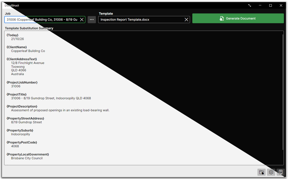 The DocuStruct window split diagonally between light mode and dark mode, showing a job, a template and the details that will fill the document.